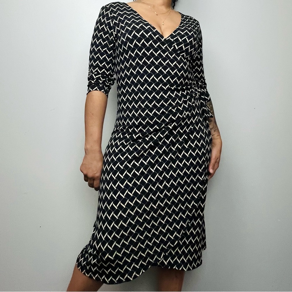 Connected Apparel Black Zig Zag Wrap Dress